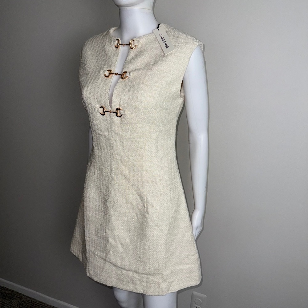 Commense Tweed Mini Dress Sleeveless Gold Buckle Detail Ivory Party Cocktail M - Picture 16 of 17